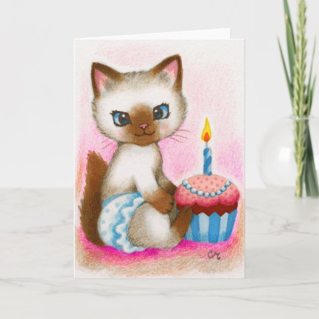 Cartão Gatinho do aniversário - arte bonito do gato (Frente)