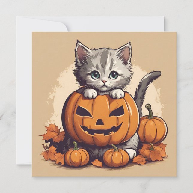 Cartão Gatinho do Dia das Bruxas e Jack-O'-Lanterna (Frente)