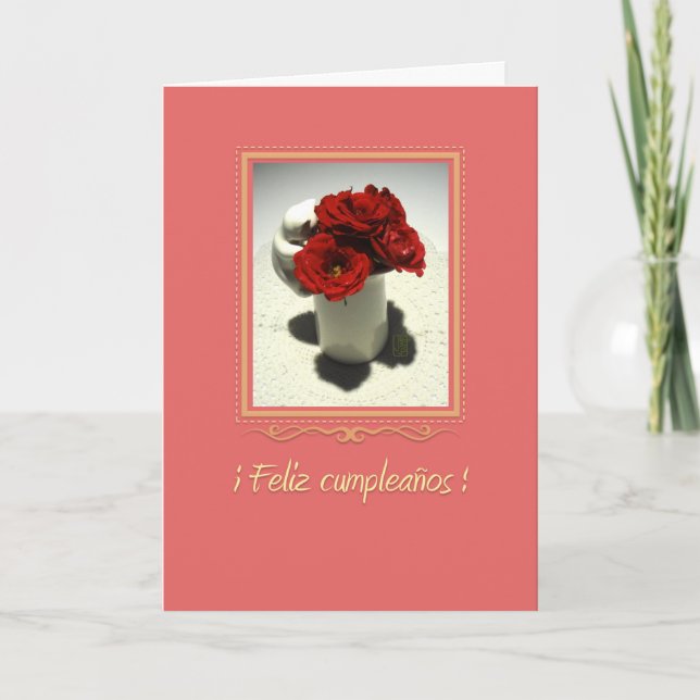 Cartão Gatinho e Rosas de chá! Feliz cumpleaños! (Frente)