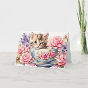 Cartão Gatinho em aquarela em xícara de chá com flores 