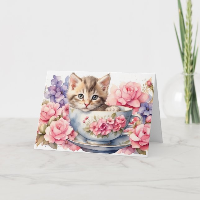 Cartão Gatinho em aquarela em xícara de chá com flores  (Frente)