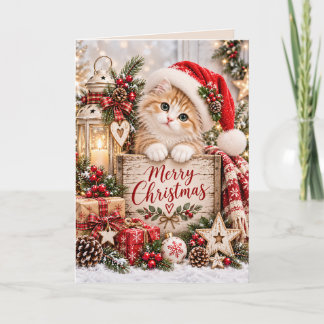 Cartão Gatinho Fofo com Chapéu de Papai Noel Feliz Natal