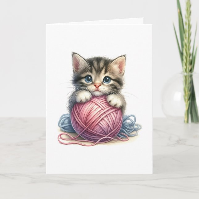 Cartão Gatinho Fofo com Cobertor de Linha para Qualquer O (Frente)
