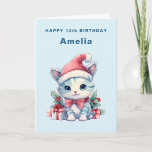 Cartão Gatinho Fofo de Chapéu de Papai Noel no Aniversári