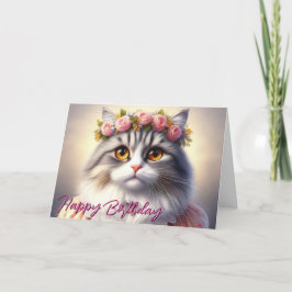 Cartão Gatinho Fofo de Vestido e Coroa de Aniversário