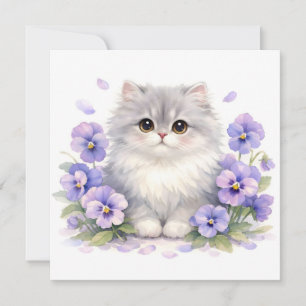 Cartão Gatinho Fofo em Aquarela com Flores de Pensée Roxa