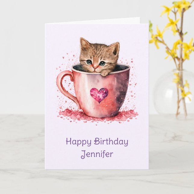 Cartão Gatinho Fofo em Teacup com Corações Aniversário (Flor Amarela)