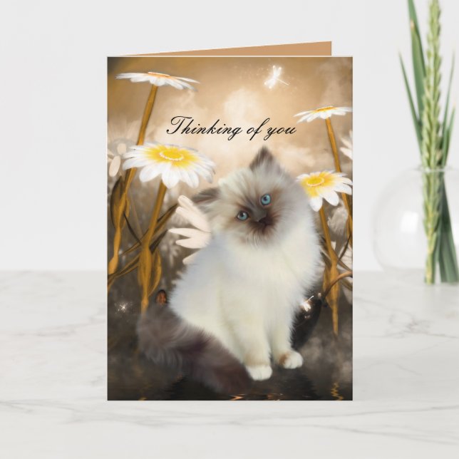 Cartão Gatinho gato branco Flores "Pensando em voc (Frente)