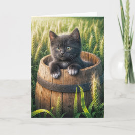 Cartão Gatinho giro em um barril de madeira