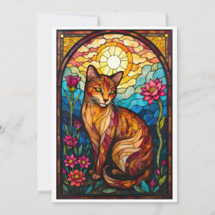 Cartão Gatinho Laranja Estilo Vitral com Flores Rosas