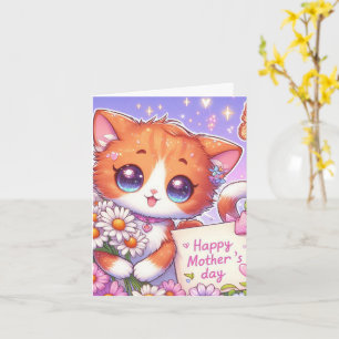 Cartão Gatinho Laranja Fofo com Margaridas Dia das Mães