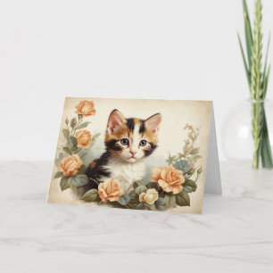 Cartão Gatinho Malhado Vintage Retrato Fofo Flores Doce