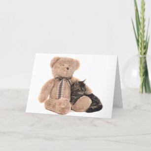Cartão gatinho nos braços de um ursinho