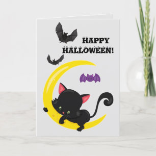 Cartão Gatinho preto e lua no Halloween