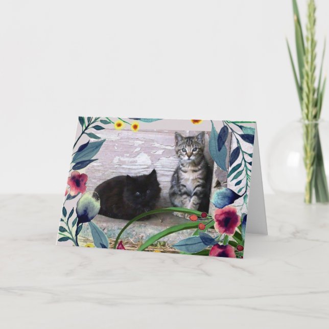 Cartão Gatinhos Fofos com Folhas Flores Aquarela (Frente)