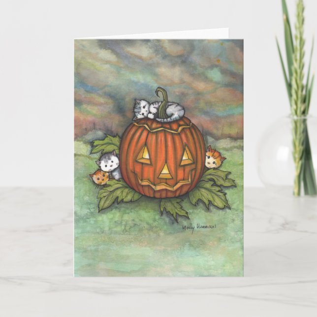 Cartão Gatinhos Travessos de Halloween e Jack-o-Lantern (Frente)