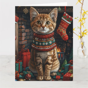 Cartão Gato Abissínio com Presentes de Natal Lareira