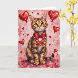 Cartão Gato Abissínio Valentino Sentado com Corações Verm