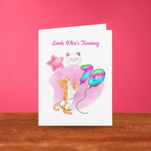 Cartão Gato Adorável Com 10º Balões de Aniversário