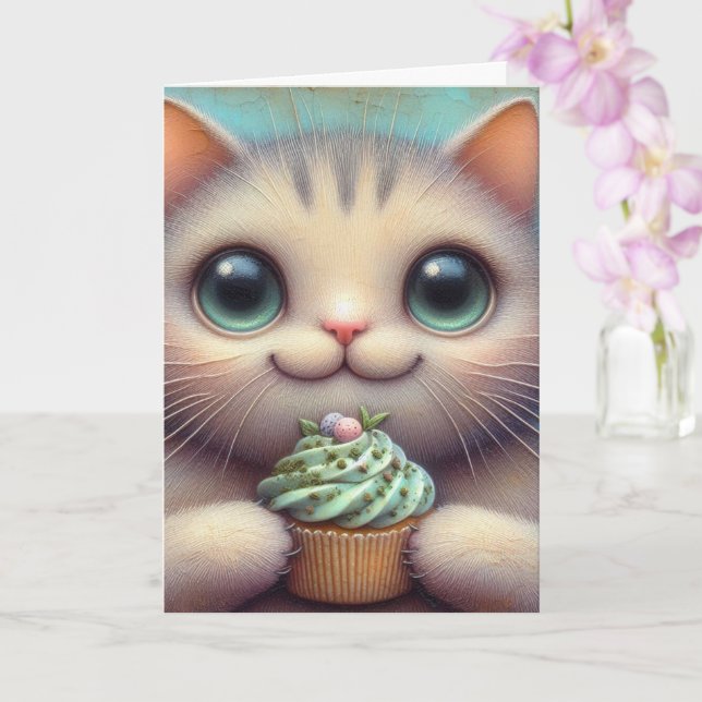Cartão Gato Adorável com Cupcake de Catnip para Todas as  (Orquídea)