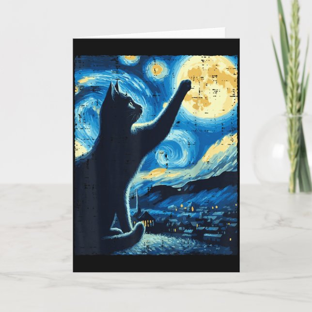 Cartão Gato Alcançando Lua Noite Estrelada Gatinho Engraç (Frente)