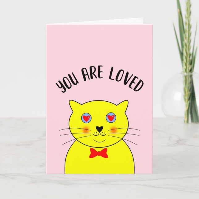 Cartão Gato Amarelo Gordinho Amor Corações Vermelhos Amor (Frente)