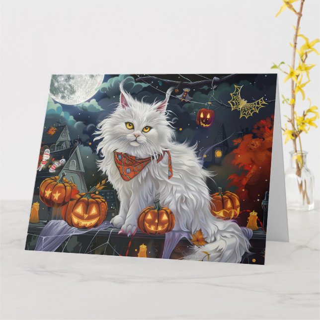 Cartão Gato Angorá Turco Halloween Assustador (Flor Amarela)