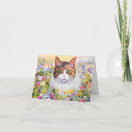 Cartão Gato aquarela e flores silvestres personalizáveis