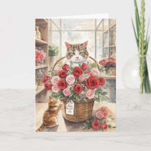 Cartão Gato arranjando flores rosas cesta Dia dos Namorad