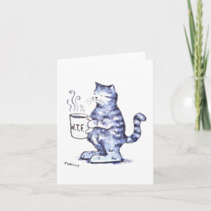 Cartão Gato azul com xícara de WTF