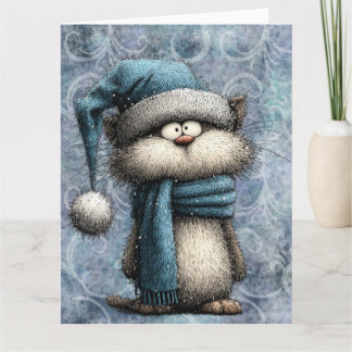 Cartão Gato Azul de Natal de Inverno com Chapéu e Cacheco