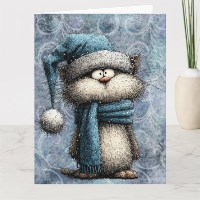 Cartão Gato Azul de Natal de Inverno com Chapéu e Cacheco (Frente)