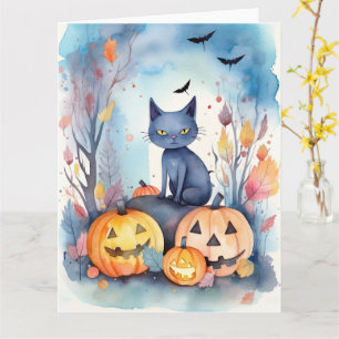 Cartão Gato Azul Oriental Halloween Com Pumpkins Assustad