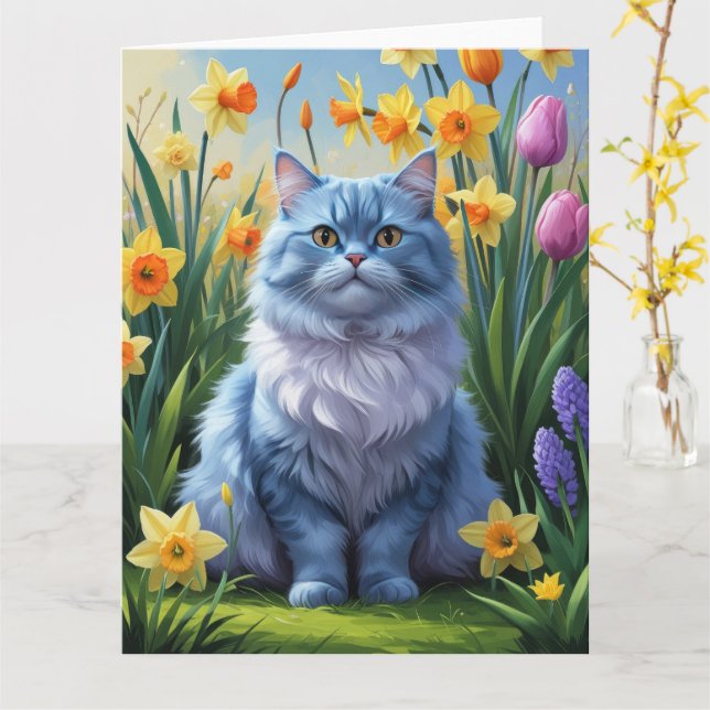 Cartão Gato Azul Oriental Pintura de Flores da Primavera (Flor Amarela)