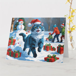Cartão Gato Azul Oriental Sentado na Neve com Chapéu de N