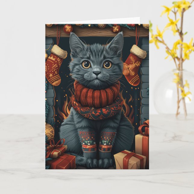Cartão Gato Azul Russo com Presentes de Natal Lareira (Flor Amarela)