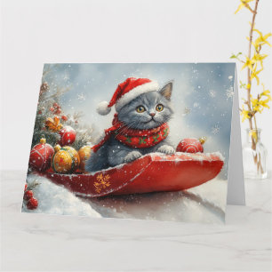 Cartão Gato Azul Russo em Trenó Deixe Nevar Natal