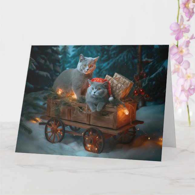 Cartão Gato Azul Russo Trineo Nevado Decoración Navidad (Orquídea)