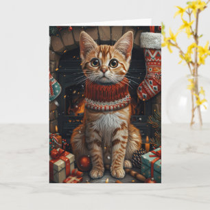 Cartão Gato Bengal com Presentes de Natal Lareira