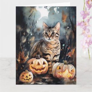 Cartão Gato Bengal Halloween com Abóboras Assustadoras