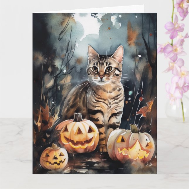 Cartão Gato Bengal Halloween com Abóboras Assustadoras (Orquídea)