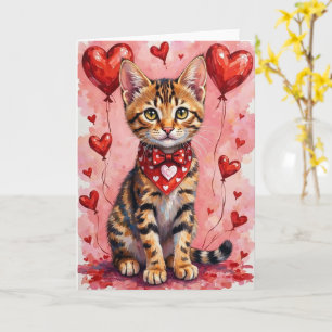 Cartão Gato Bengal no Dia dos Namorados Sentado com Coraç