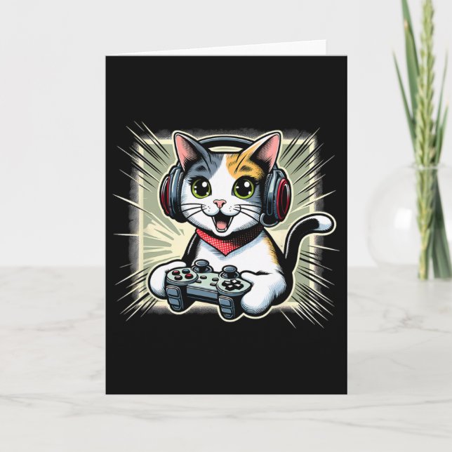 Cartão Gato Bobtail Japonês de Videogame com Fone de Ouvi (Frente)