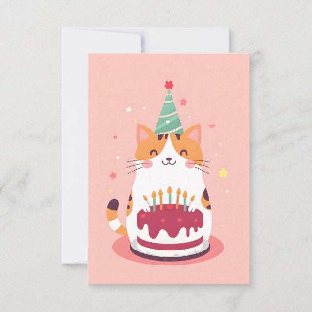 Cartão Gato bonito com bolo de aniversário (Frente)