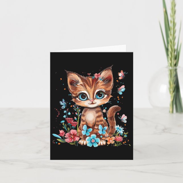 Cartão Gato Bonito Com Flores Eu Filhos Gato (Frente)