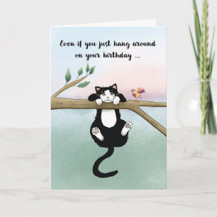 Cartão Gato Bonito de Aniversário a Par com Pássaro