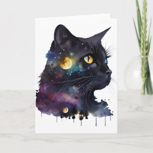 Cartão Gato bonito de Espaço de Aquarela Cósmica Preta