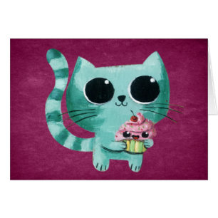 Cartão Gato bonito do gatinho com cupcake de Kawaii