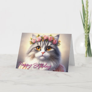 Cartão Gato bonito em Vestido e Coroa Aniversário