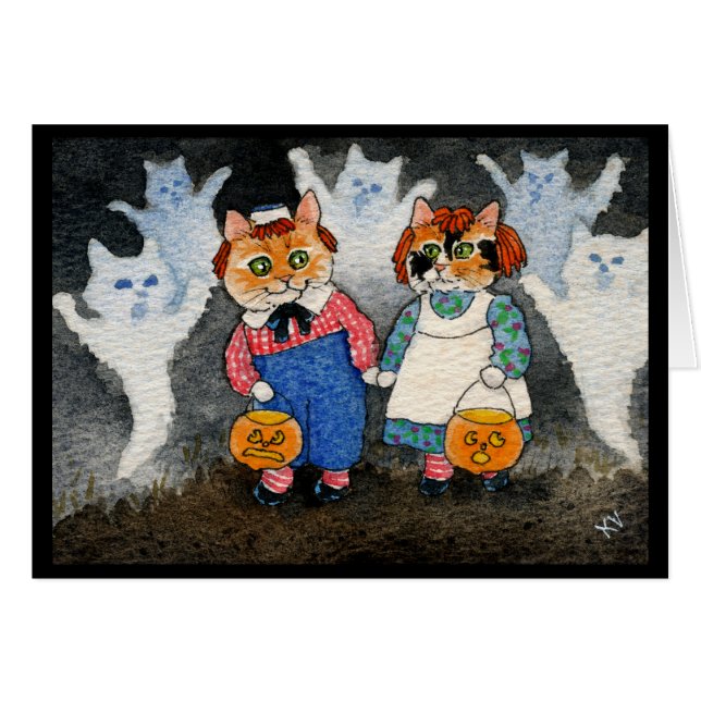 Cartão Gato Bonito Fantasmas Fantasmas Pumpkin (Frente Horizontal)